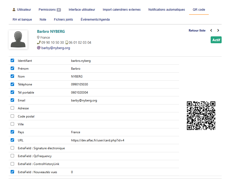 QR code tab on a user record
