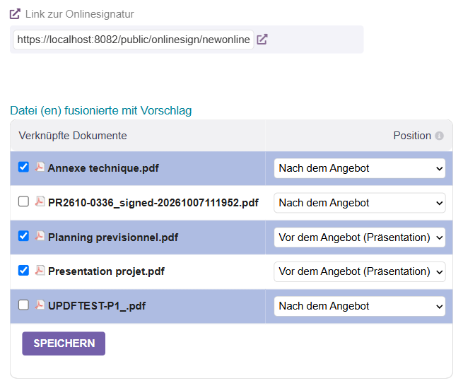 Angebotskarte: Link zur Online-Unterschrift und Dateien, die vor (Präsentation) oder nach dem Angebot zusammengeführt werden