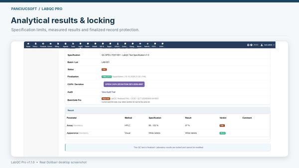 QC analytical results and locked finalized record