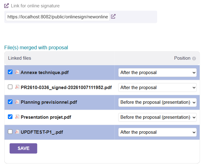 Proposal card: online signature link, and files merged before (presentation) or after the proposal