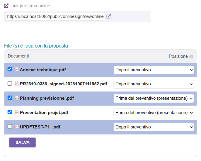 Scheda del preventivo: link per la firma online e file uniti prima (presentazione) o dopo il preventivo
