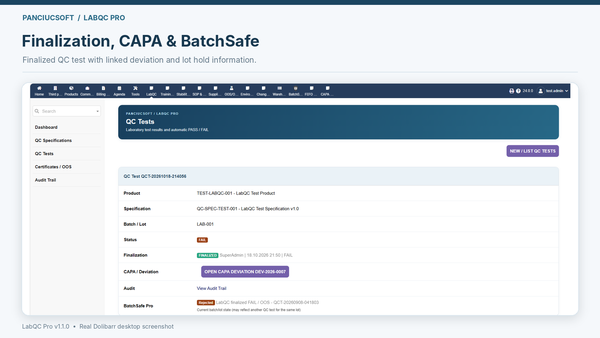 Finalized QC test and linked CAPA deviation