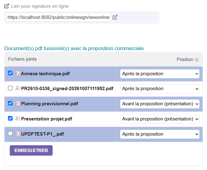 Fiche du devis : lien pour signature en ligne, et fichiers fusionnés avant (présentation) ou après la proposition
