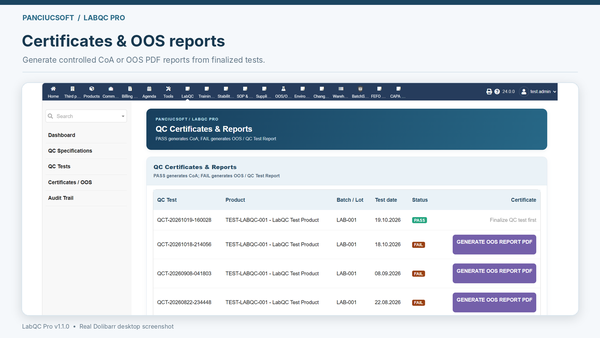 Certificate of Analysis and OOS report list