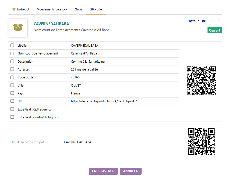 QR code tab on a warehouse record