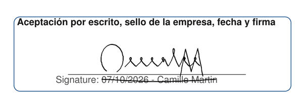 Recuadro de aceptación del PDF firmado: firma, fecha y nombre del firmante