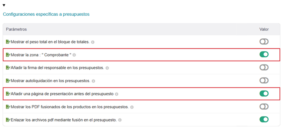 Página Presupuestos del módulo: recuadro de aceptación y páginas de presentación
