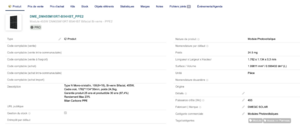 Capture d’écran d’une fiche produit Dolibarr affichant l’extrafield Catégorie commerciale renseigné.