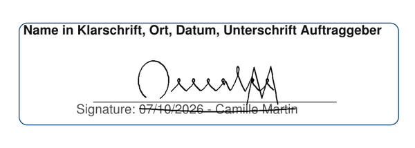 Einverständnis-Rahmen des unterschriebenen PDF: Unterschrift, Datum und Name des Unterzeichners