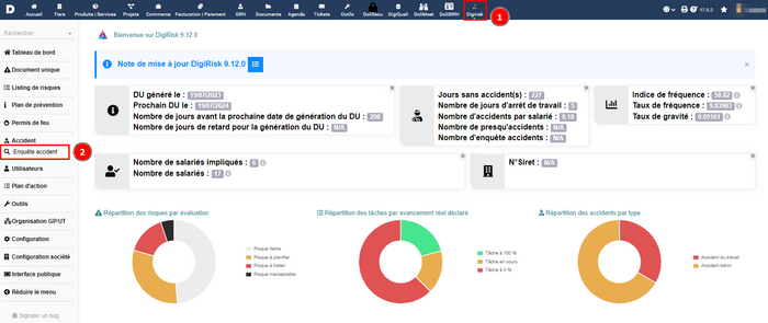 Étape 1 : cliquer sur le module DigiRisk (1), puis cliquer sur "Enquête accident" dans le menu (2)