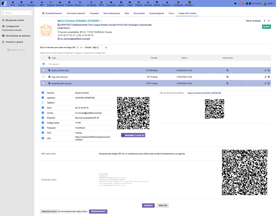 Código QR vCard en una ficha de contacto