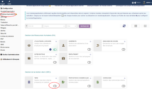 18. Ensuite aller dans Modules/Applications et activer un module, ici Tiers