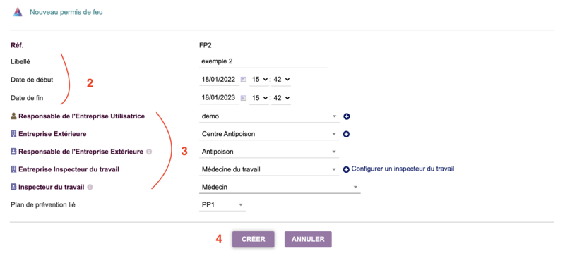 Une fois que vous êtes sur la page de création, vous pouvez remplir informations optionnelles (2) et les informations obligatoires (3). Pour finir, cliquer sur "créer" (4) et voilà votre permis de feu est terminé.