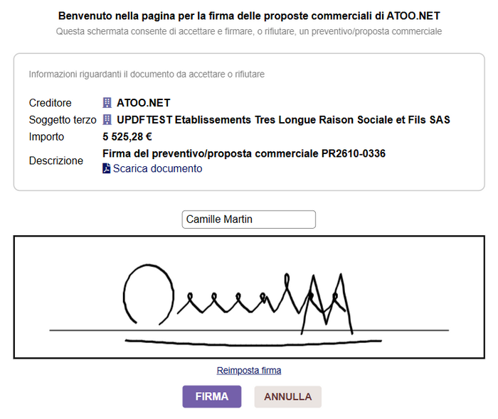Pagina pubblica di firma: il cliente inserisce il suo nome, traccia la firma e conferma