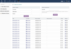 Page de check-in : présences en cours et check-in par pass jour