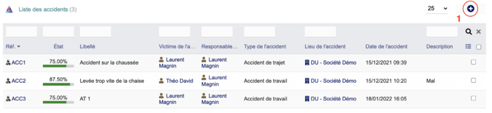Etape 1: Voici la page des accidents. Pour en créer un, il faut cliquer sur le + en haut à droite (1)