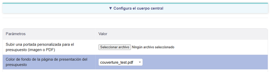 Edición del Diseño: elección de la portada en el bloque «Configuración del cuerpo del documento»