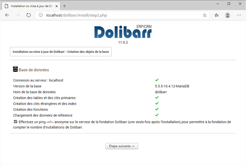 File:Installation Dolibarr - Validation de la création des tables.png