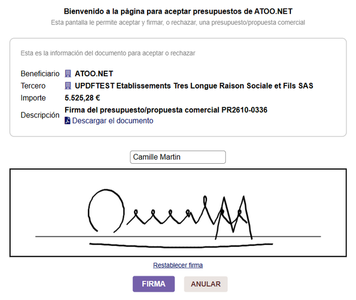 Página pública de firma: el cliente escribe su nombre, traza su firma y valida