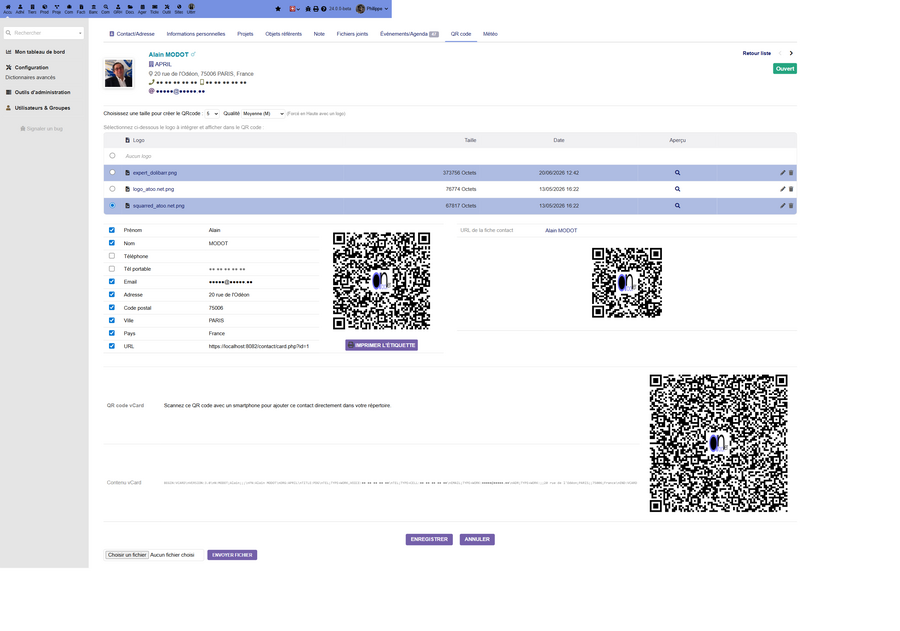 vCard QR code on a contact record