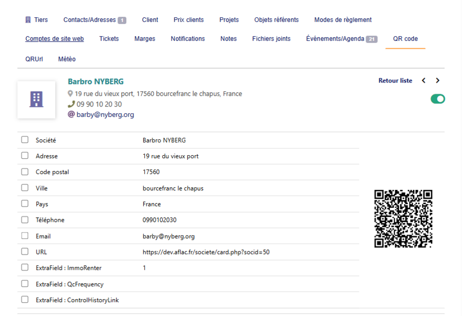 QR code tab on a third party record — field selection