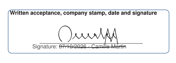 "Agreed and signed" frame of the signed PDF: signature, date and name of the signatory