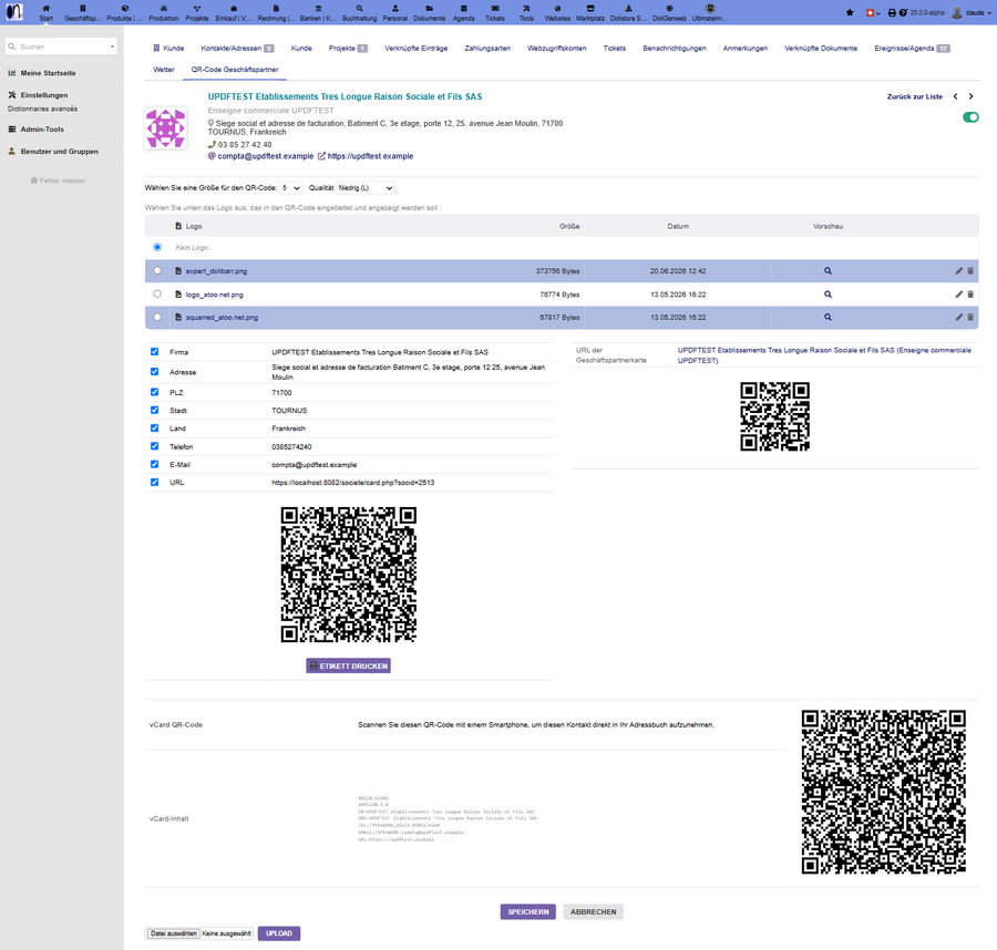 Reiter QR-Code eines Partners: Felder, Daten-QR-Code, URL-QR-Code und vCard-QR-Code
