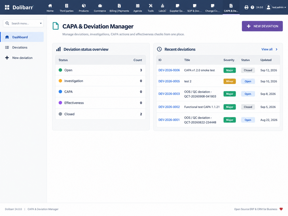 CAPA & Deviation Manager dashboard