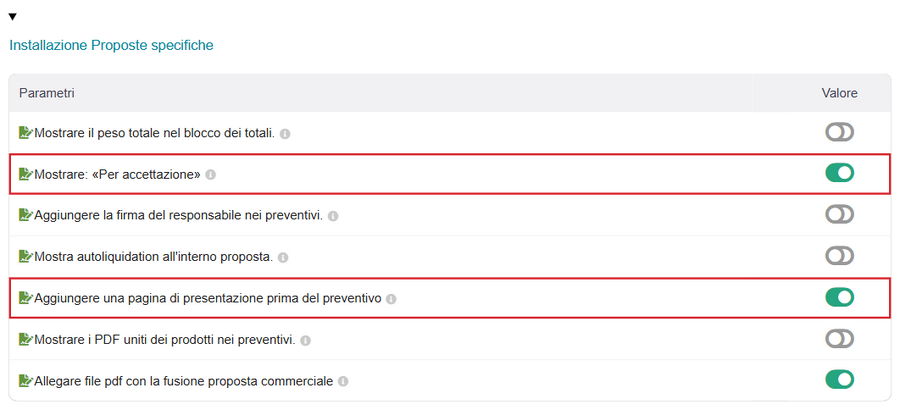 Pagina Preventivi del modulo: riquadro «Per accettazione» e pagine di presentazione