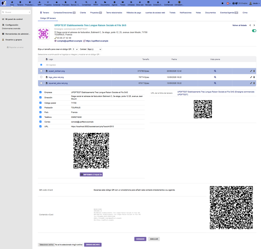 Pestaña Código QR de un tercero: campos, código QR de los datos, código QR de la URL y código QR vCard