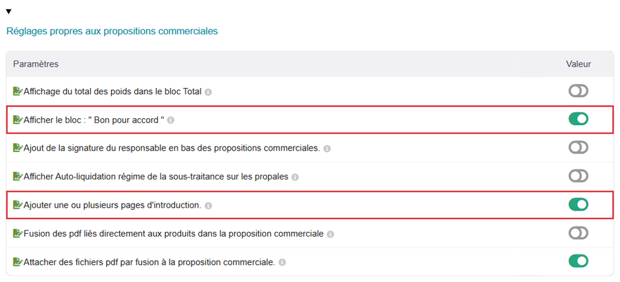 Page Devis du module : cadre « Bon pour accord » et pages d'introduction