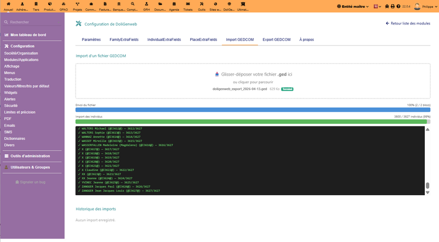 GEDCOM import interface