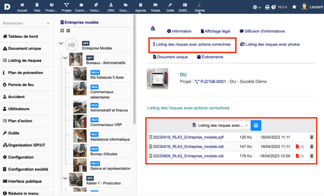 Pour générer le listing des risques avec actions correctives il suffit de se rendre dans digirisk -> document unique -> listing des risques avec actions correctives -> et cliquer sur le bouton bleu de génération de documents