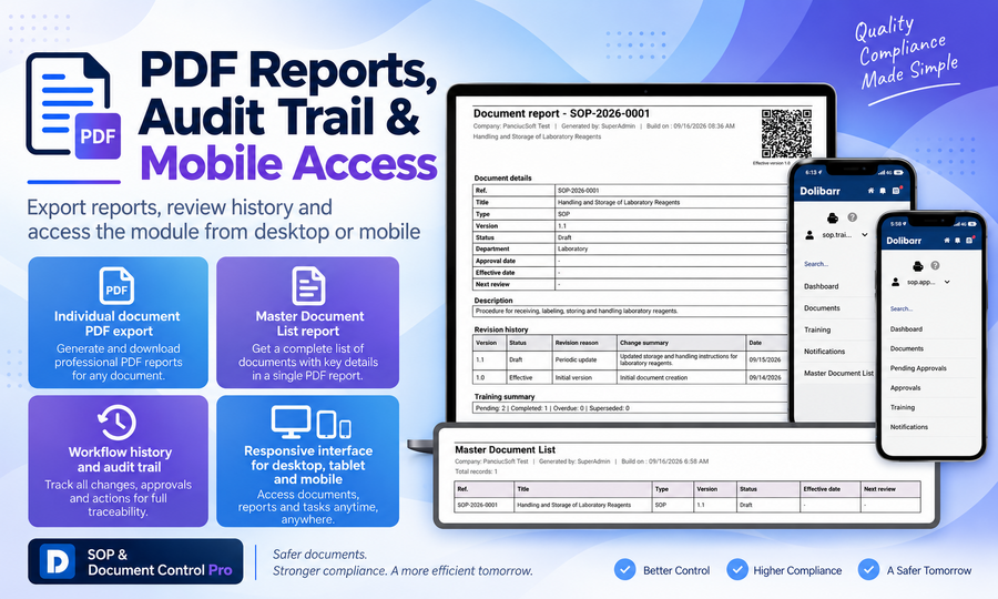 PDF reports, audit trail and mobile access