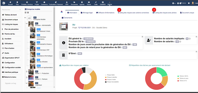 L'écran de gestion des impressions des listings de risques avec actions correctives et/ou photo (1) Impression listing de risque avec actions (2) Impression avec photos