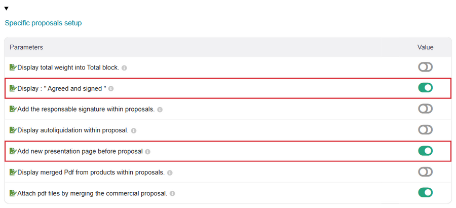 Module's Proposals page: "Agreed and signed" frame and presentation pages