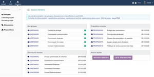 Tableau de bord : mes groupes, discussions récentes et propositions ouvertes