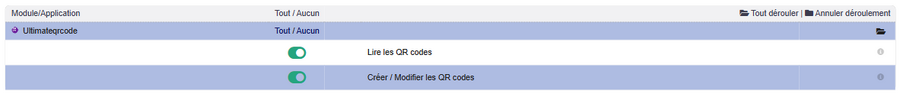 Droits du module UltimateQRcode