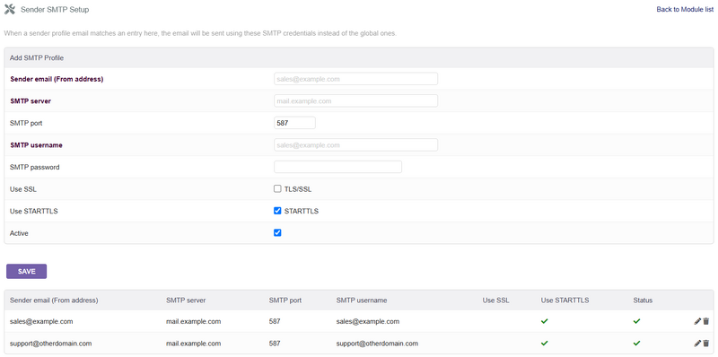SimpleSenderSMTP admin setup page showing SMTP profile management