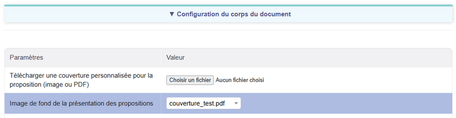 Édition du Design : choix de la couverture dans le bloc « Configuration du corps du document »