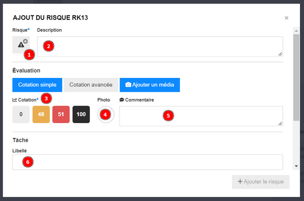 En cliquant sur la vignette création du risque (1) vous aurez le choix entre plusieurs pictos de risque, la description (2) est en fait la définition du risque choisie. La cotation simple (3) est représentée par 4 cases aux codes couleurs et numéros différents, on peut également ajouter des photos à ce risque (4) et l'espace commentaire (5) représente l'explication du risque. La tâche (6) représente les actions à mettre en place par rapport au risque.