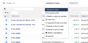 Capture d’écran de la liste des produits avec plusieurs lignes cochées et le menu d’actions de masse ouvert.