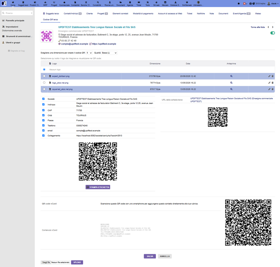 Scheda Codice QR di un soggetto terzo: campi, codice QR dei dati, codice QR dell'URL e codice QR vCard