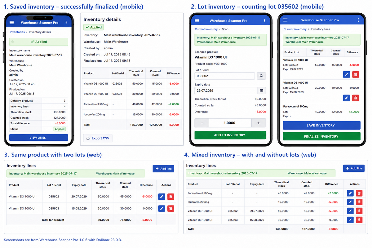 Warehouse Scanner Pro inventory workflows on mobile and web, including finalized inventories, lot tracking, two lots of the same product and mixed inventory counting.