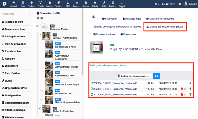 Pour générer le listing des risques avec photos il suffit de se rendre dans digirisk -> document unique -> listing des risques avec photos -> et cliquer sur le bouton bleu de génération de documents