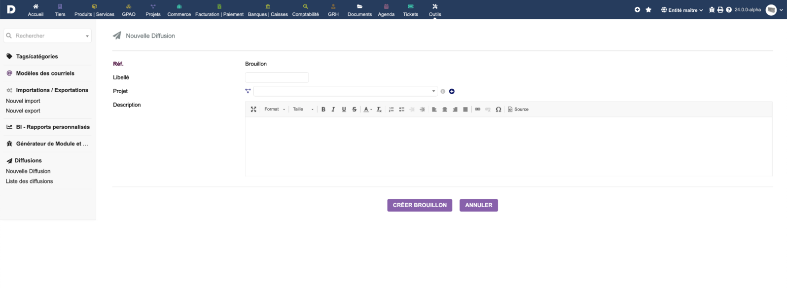Illustration de la création d'une nouvelle Diffusion