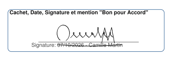 Cadre « Bon pour accord » du PDF signé : signature, date et nom du signataire